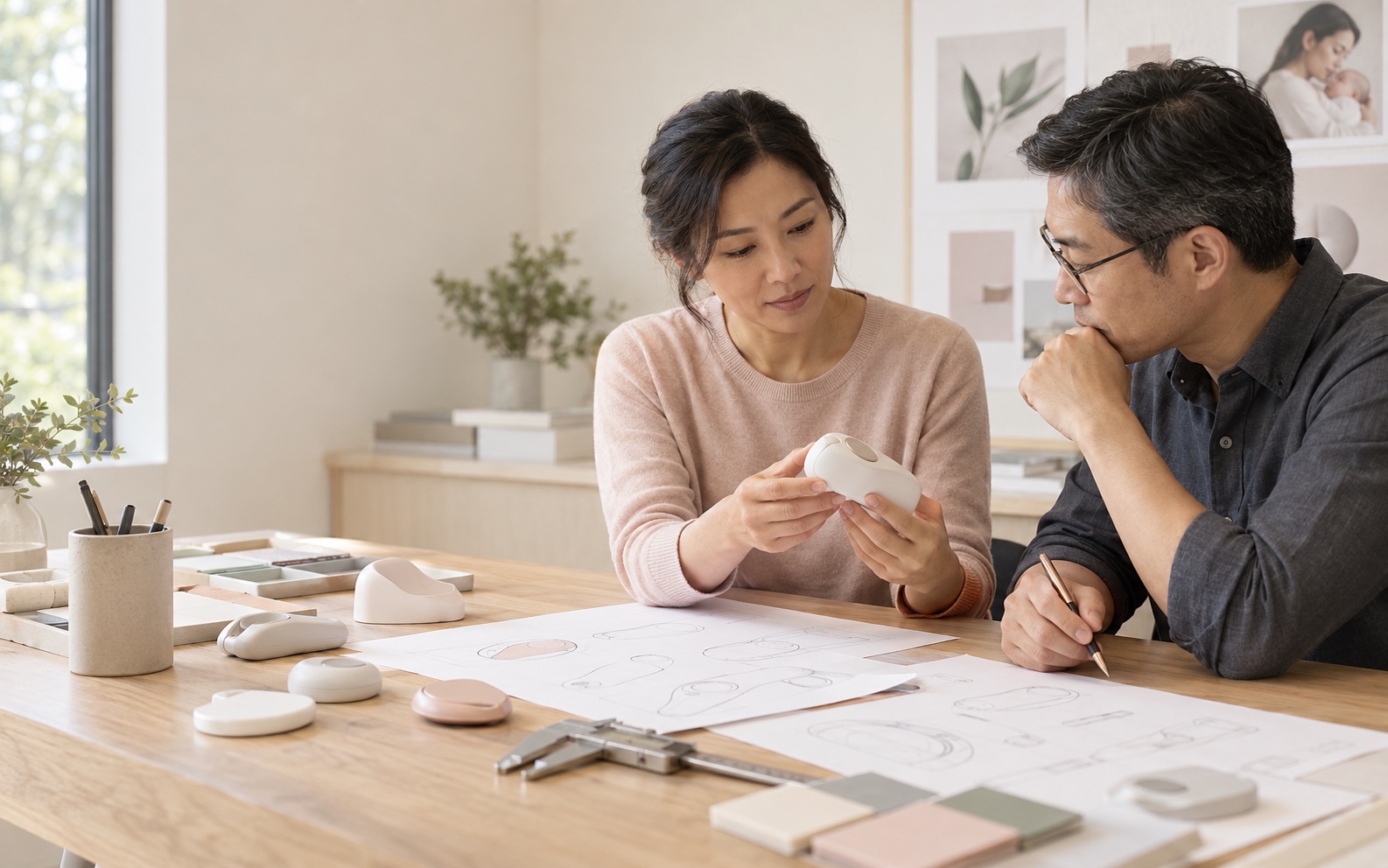 Editorial visualization of two experienced professionals reviewing generic home health device prototypes