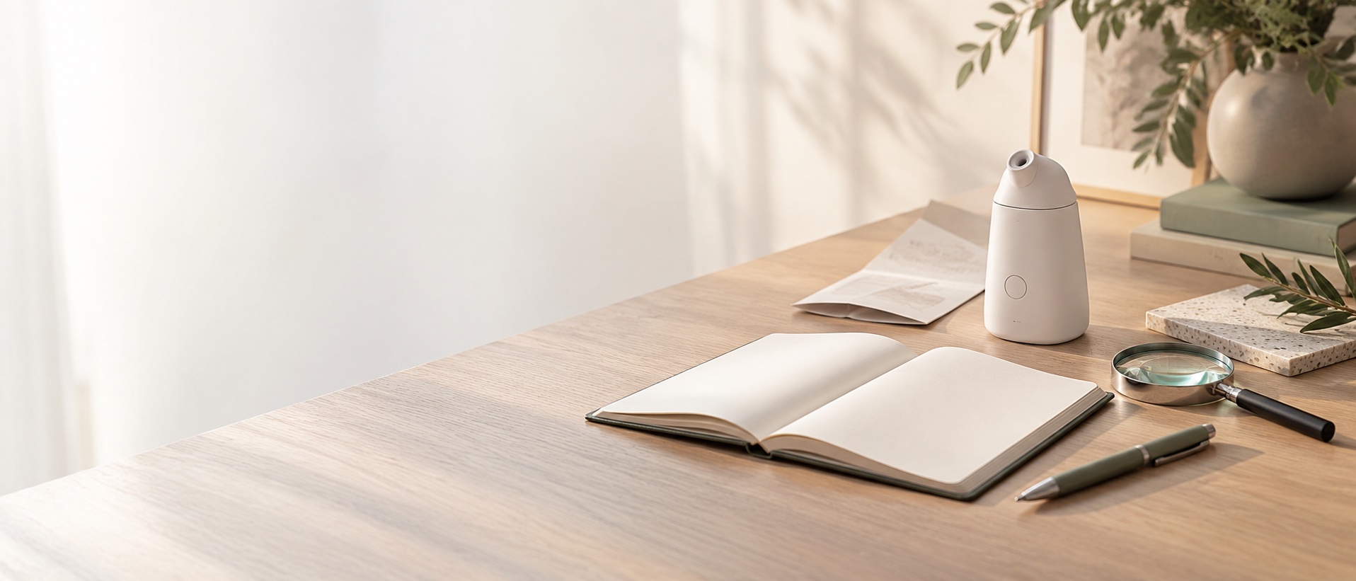 Warm editorial research desk with notebook, magnifier and a generic home health device