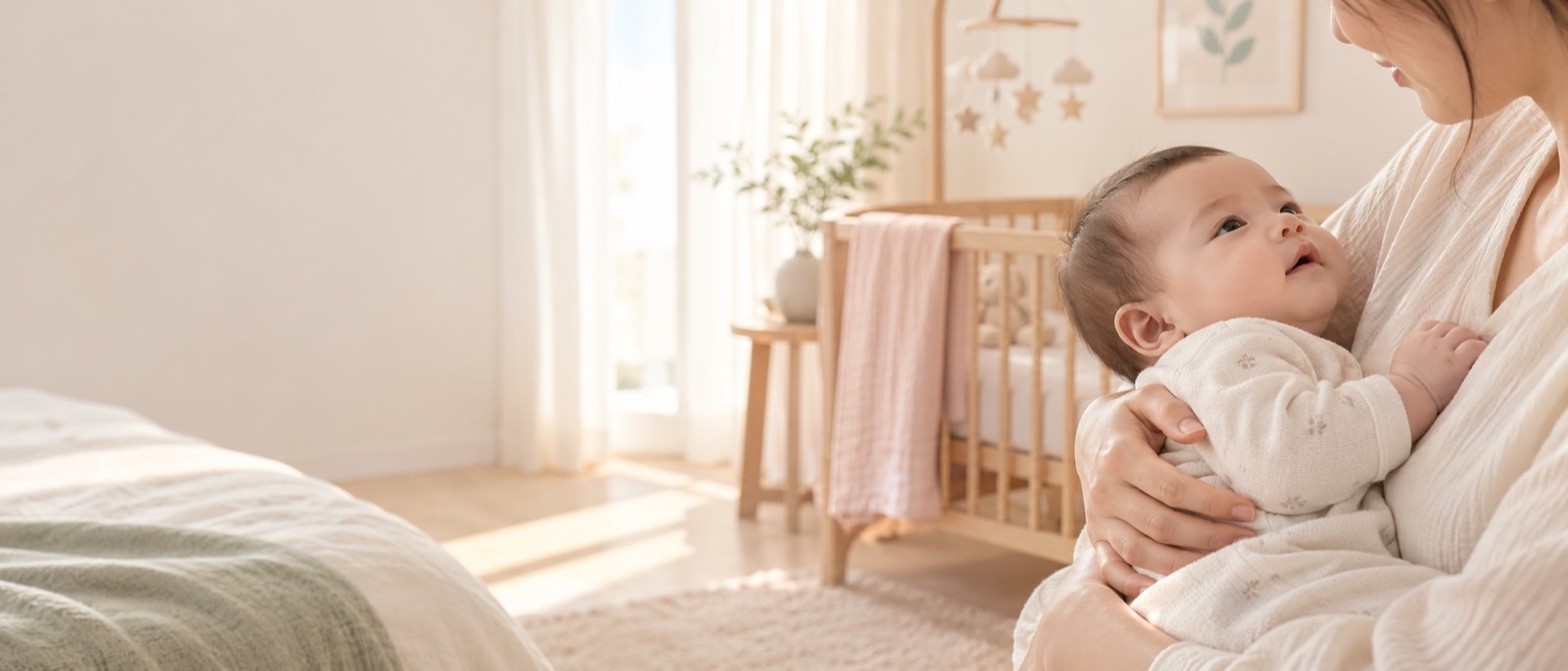 A caregiver holding a baby in a warm, calm nursery
